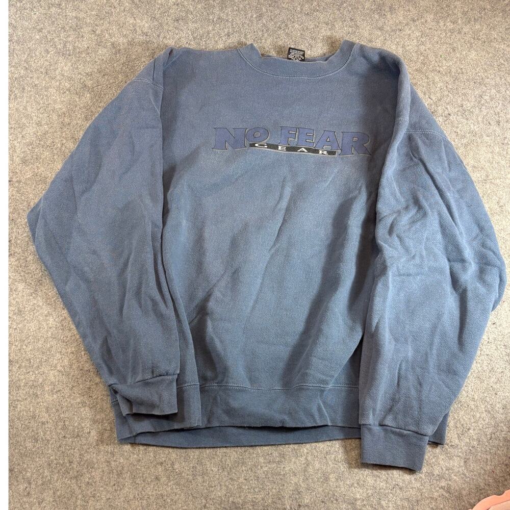 Vintage No Fear Gear Spellout Sweatshirt Mens XL Blue Crewneck Streetwear Y2K - Picture 1 of 5